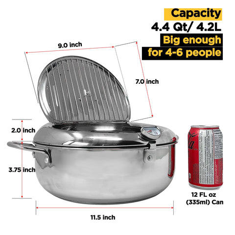 Saltlas Olla Freidora Profunda 4.2 L (11"), con Termómetro en °F y Tapa Abovedada, Acero Inoxidable 304
