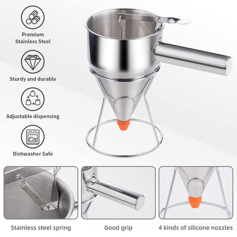 shofilt Dispensador de Masa 40oz – Acero Inoxidable, 4 Boquillas de Silicona para Panqueques y Pasteles Embudo
