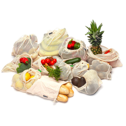 Cottify - Bolsas Reutilizables de Algodón con Malla para Frutas y Verduras 12+1