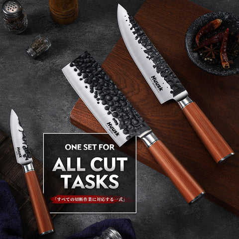 Huusk: Juego de Cuchillos Japoneses 3 Piezas (Gyuto, Nakiri y Cuchillo Pelador) – Acero de Alto Carbono