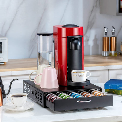 FlagShip Portacápsulas Vertuo: Organizador de cápsulas para barra de café, soporte para máquina, metal negro, capacidad 50 cápsulas