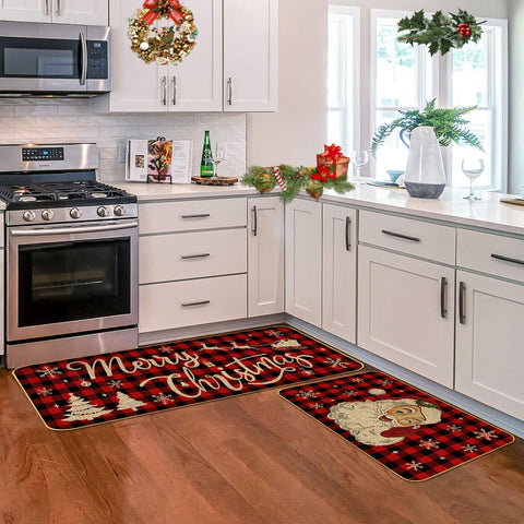 ARTUFAN Alfombras de Cocina Navideñas (Set de 2): 17x29 y 17x47 con Patrón de Cuadros y Copos de Nieve