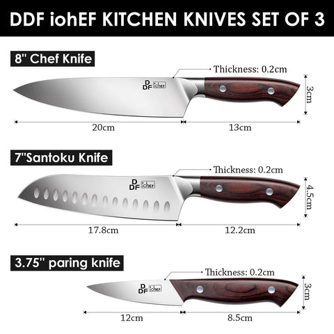 Conjunto de Cuchillos DDF iohEF 3 Piezas: Chef 8 pulgadas, Santoku 7 pulgadas y Pelador 3.75 pulgadas – Acero japonés
