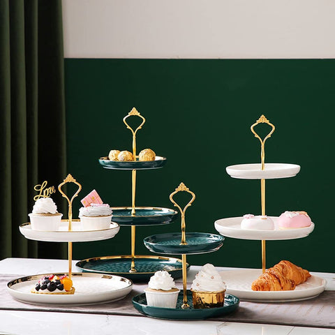 Aebor Estante de Porcelana Verde de 3 Niveles para Postres | Bandeja para Cupcakes, Tartas y Más