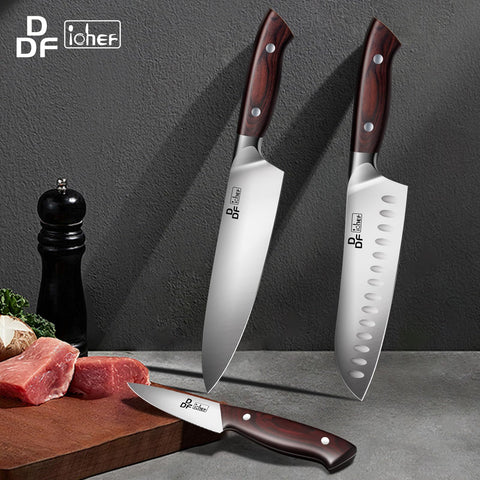Conjunto de Cuchillos DDF iohEF 3 Piezas: Chef 8 pulgadas, Santoku 7 pulgadas y Pelador 3.75 pulgadas – Acero japonés
