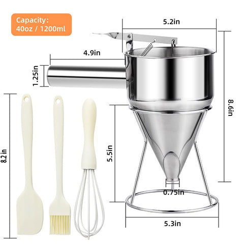 shofilt Dispensador de Masa 40oz – Acero Inoxidable, 4 Boquillas de Silicona para Panqueques y Pasteles Embudo