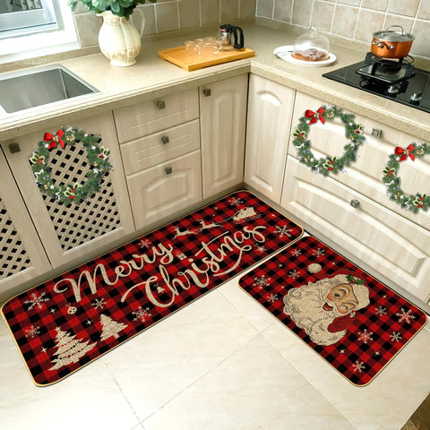 ARTUFAN Alfombras de Cocina Navideñas (Set de 2): 17x29 y 17x47 con Patrón de Cuadros y Copos de Nieve