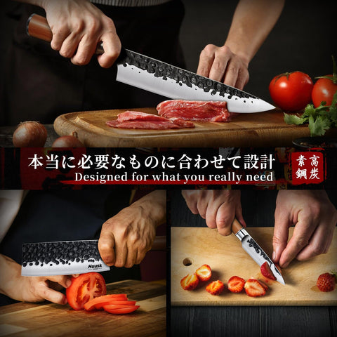 Huusk: Juego de Cuchillos Japoneses 3 Piezas (Gyuto, Nakiri y Cuchillo Pelador) – Acero de Alto Carbono