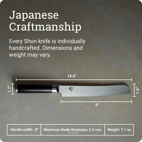 Shun Classic Cuchillo de Pan 9 Pulgadas – Hoja Damasco y Mango Pakkawood