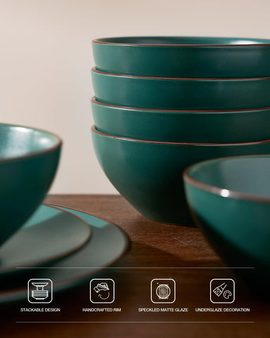 Famiware Venus: juego de 12 piezas de platos y tazones en gres moteado, mate verde oscuro, apto microondas y lavavajillas