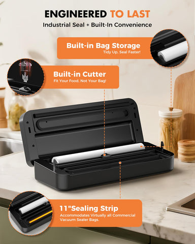 UPRUBE Vacuum Sealer with Easy Tear Cutter – 95kPa, 135W, 9-in-1, 10 ft Bag Roll