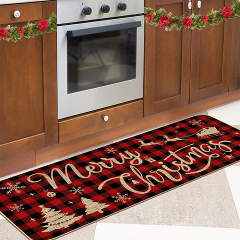 ARTUFAN Alfombras de Cocina Navideñas (Set de 2): 17x29 y 17x47 con Patrón de Cuadros y Copos de Nieve