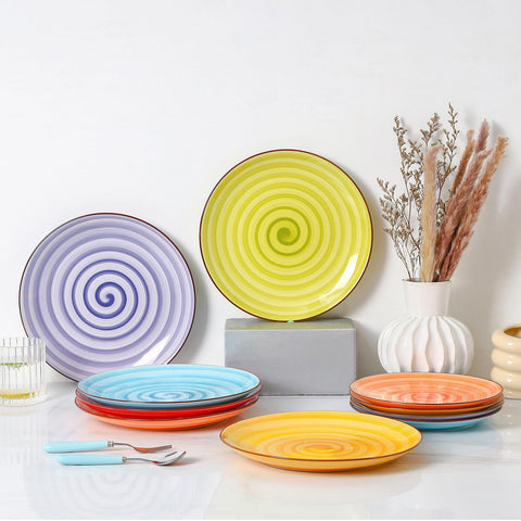 KitchenTour Platos Cerámicos 10 Pulgadas – Juego de 6 Coloridos, Aptos para Horno, Microondas y Lavavajillas