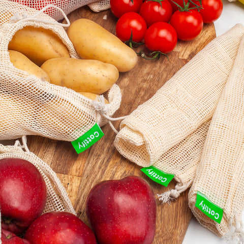 Cottify - Bolsas Reutilizables de Algodón con Malla para Frutas y Verduras 12+1
