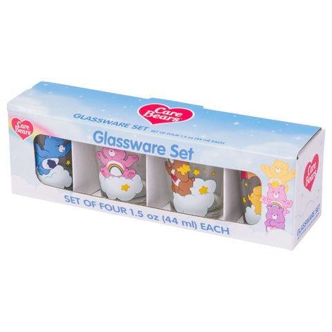 Silver Buffalo Care Bears en las Nubes: Juego de 4 Vasos Mini 1.5 oz con Funshine, Tenderheart, Cheer y Grumpy Bear