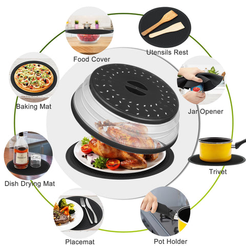 MAGJIUKE Tapa de Microondas 12 Pulgadas con Alfombrilla de Silicona – Tapa Antisalpicaduras Plegable y Base de Cocina