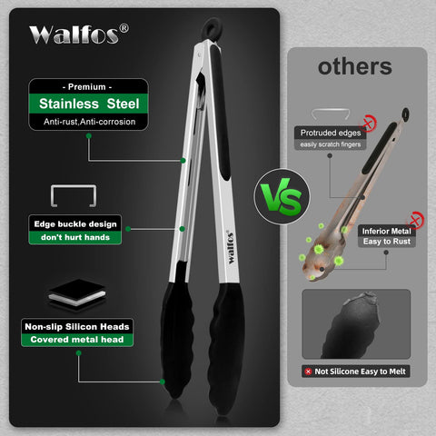 Pinzas de Cocina Walfos - Juego de 3, Silicona sin BPA, 7, 9 y 12 pulgadas