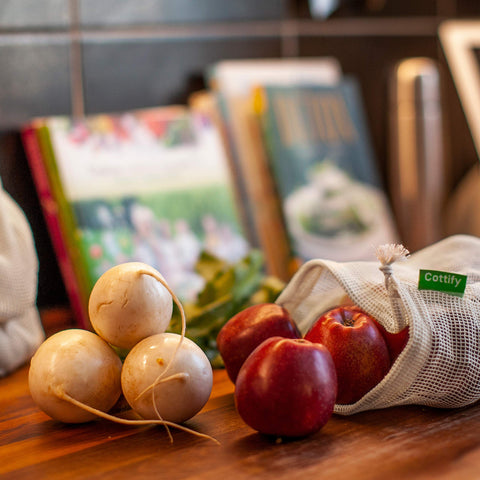 Cottify - Bolsas Reutilizables de Algodón con Malla para Frutas y Verduras 12+1