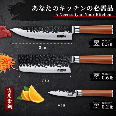 Huusk: Juego de Cuchillos Japoneses 3 Piezas (Gyuto, Nakiri y Cuchillo Pelador) – Acero de Alto Carbono