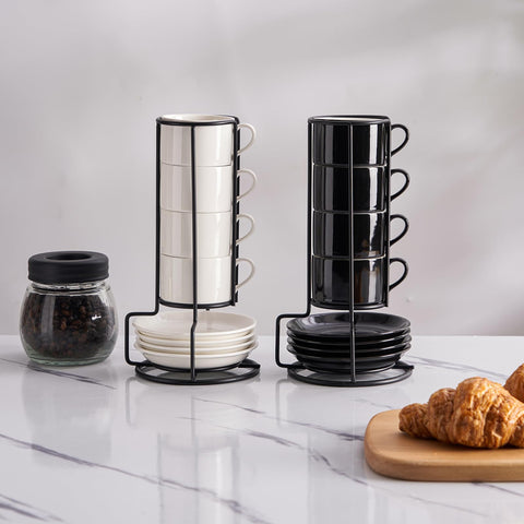 Meichu – Juego de 4 tazas espresso de porcelana con platillos y soporte metálico, 2,5 onzas, blanco