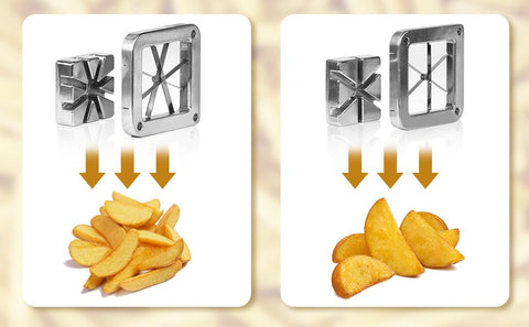 SHSYCER Cortador de Papas Comercial con Sujeción y Ventosas – Cinco Cuchillas: 1/4 pulgada, 1/2 pulgada, 3/8 pulgada, #6 y #8