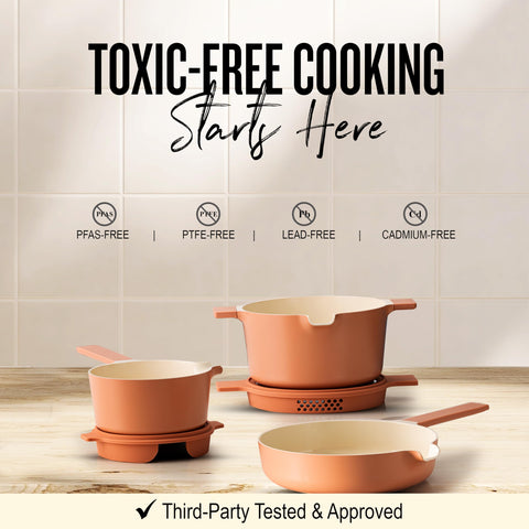 Alva Neat: Set de Ollas y Sartén Cerámico Antiadherente de 5 Piezas, Sin PFAS, Apilable, Inducción y Horno