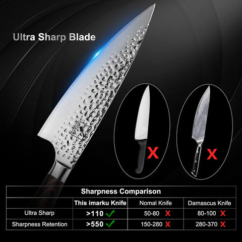 Afilado ultra del cuchillo imarku para cortar verduras y carnes sin esfuerzo.