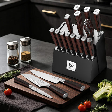 imarku detalle de hoja Santoku en acero alto carbono para cortes precisos