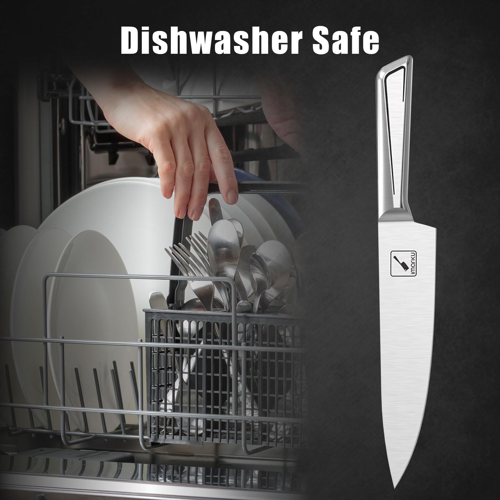 Cuchillo chef imarku de 8 pulgadas con equilibrio ergonómico para cortes cómodos.