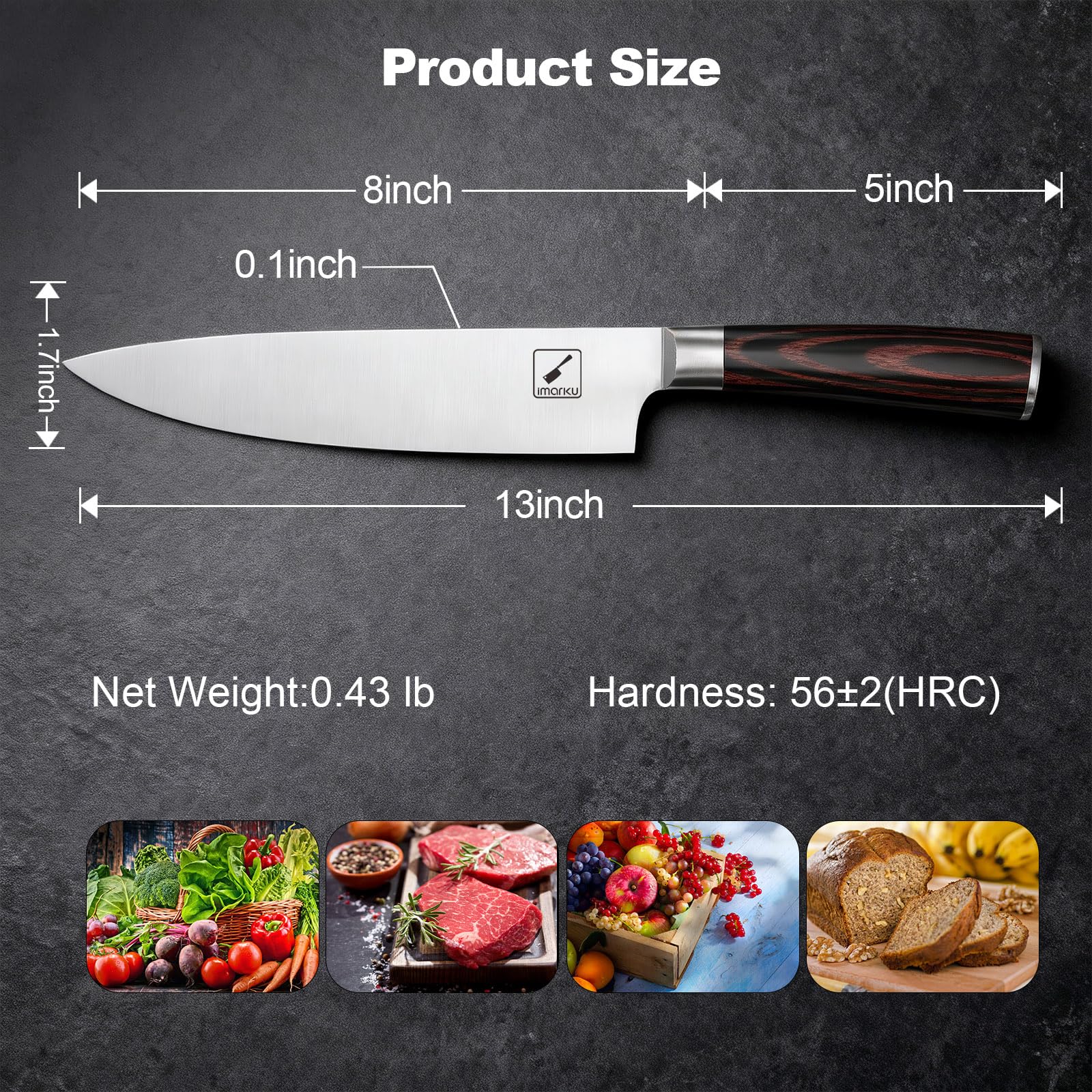 Cuchillo imarku 8" con mango de madera ergonómico para mayor comodidad.