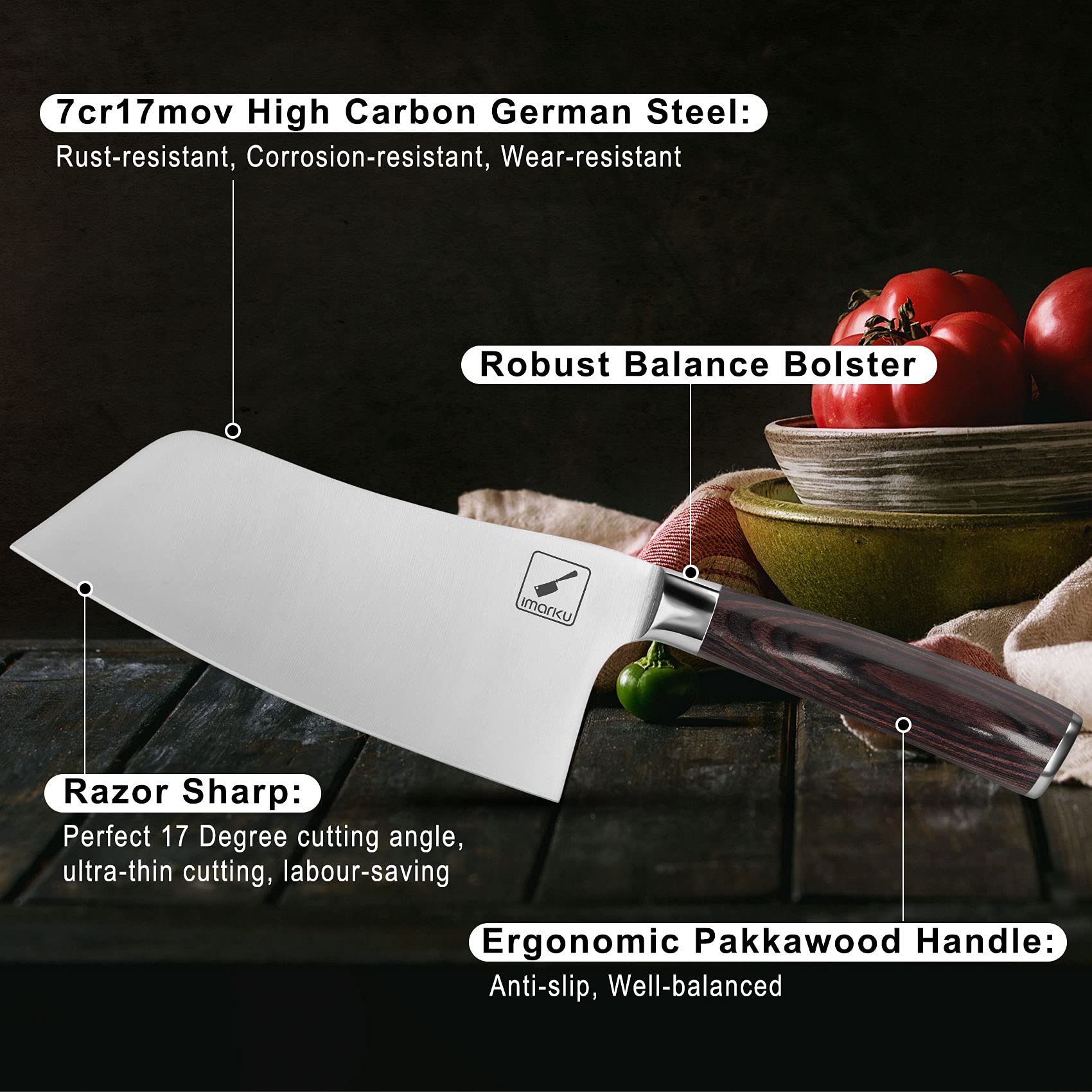 Imarku cuchillo mango pakkawood, agarre cómodo y duradero