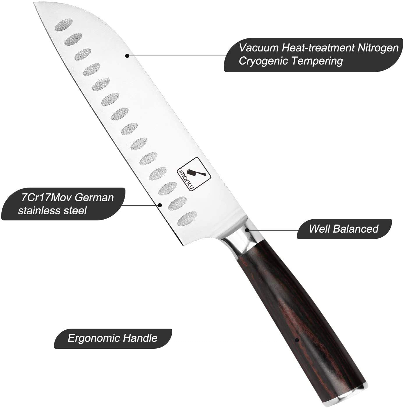 Cuchillo imarku santoku 7 pulgadas – diseño hueco antiadherente facilita el manejo.