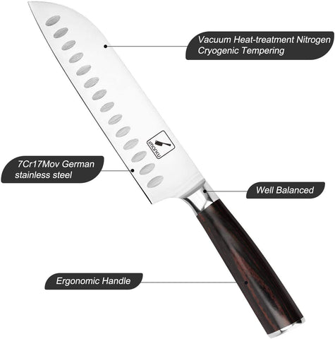 Cuchillo imarku santoku 7 pulgadas – diseño hueco antiadherente facilita el manejo.