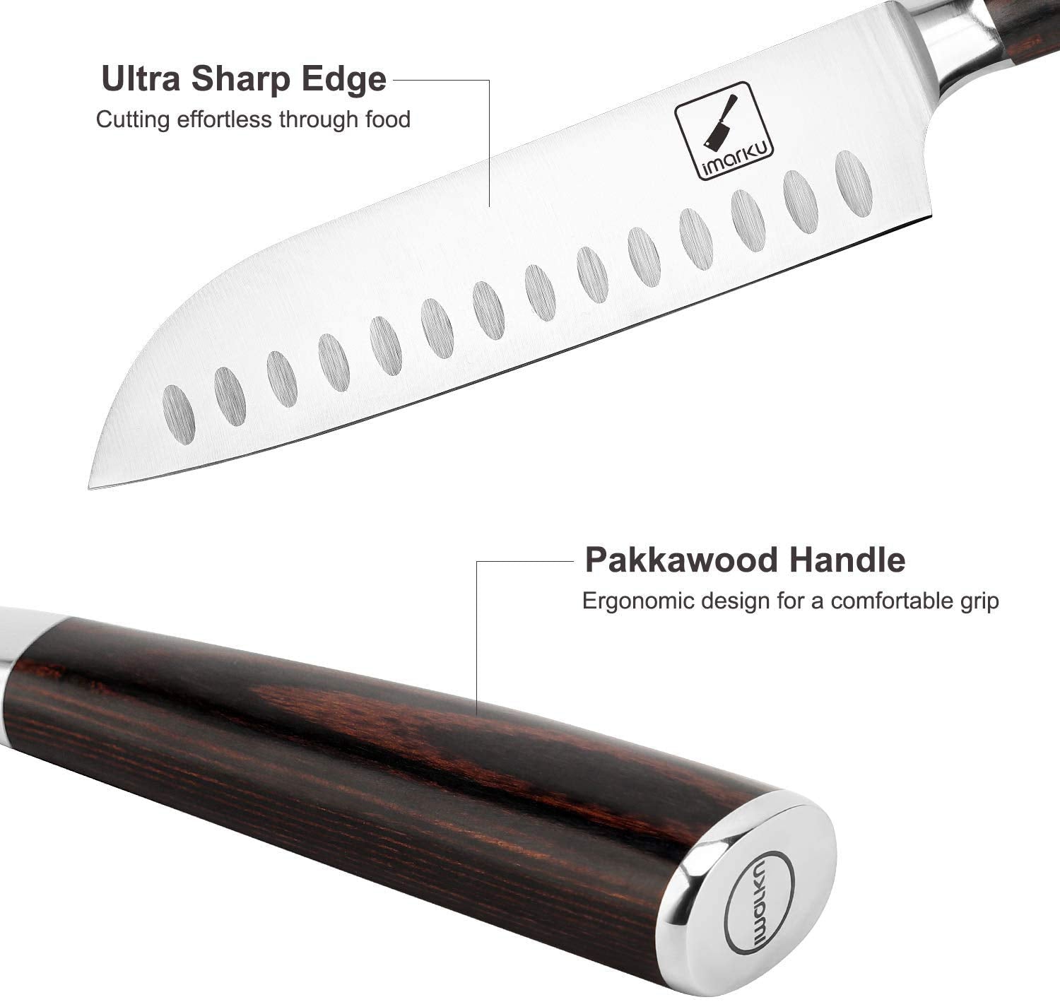 Cuchillo imarku santoku 7 pulgadas – mango pakkawood ergonómico para agarre cómodo.