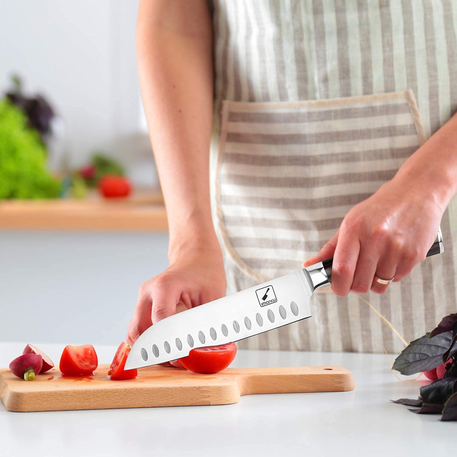 Cuchillo imarku santoku 7 pulgadas – uso diario en cocina para cortar verduras y carnes.
