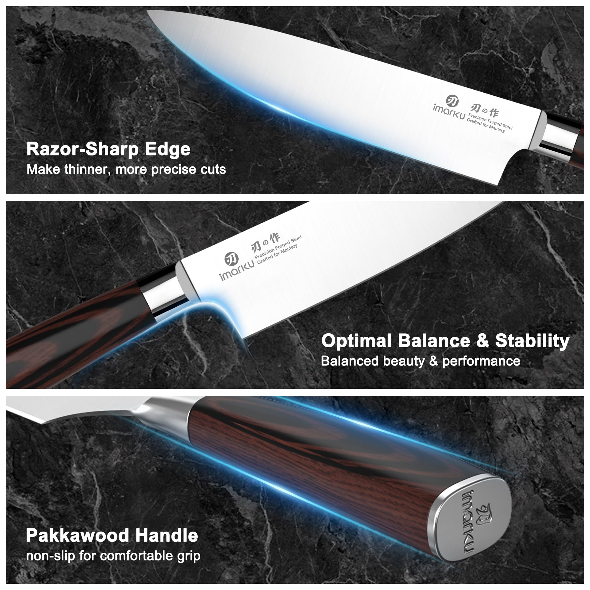 imarku rebanando vegetales con cuchillo chef para cortes suaves y uniformes