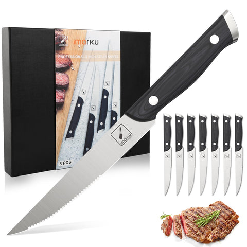 Cuchillos Imarku: juego de 8 con mango ergonómico de pakkawood para servicio cómodo