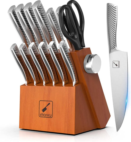 Conjunto imarku 14 piezas en bloque de madera para cocina versátil y organizada.