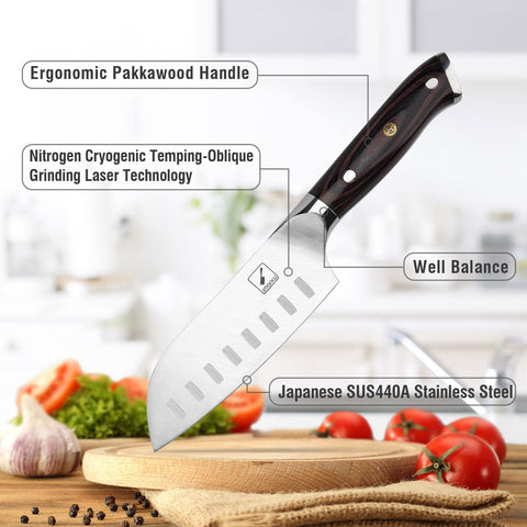 Imarku Santoku 5 pulgadas, diseño para corte preciso en vegetales y carnes.