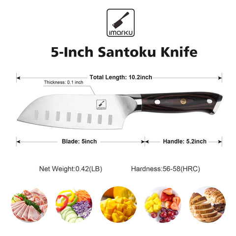 Imarku Santoku con diseño antiadherente que reduce resistencia durante picado.