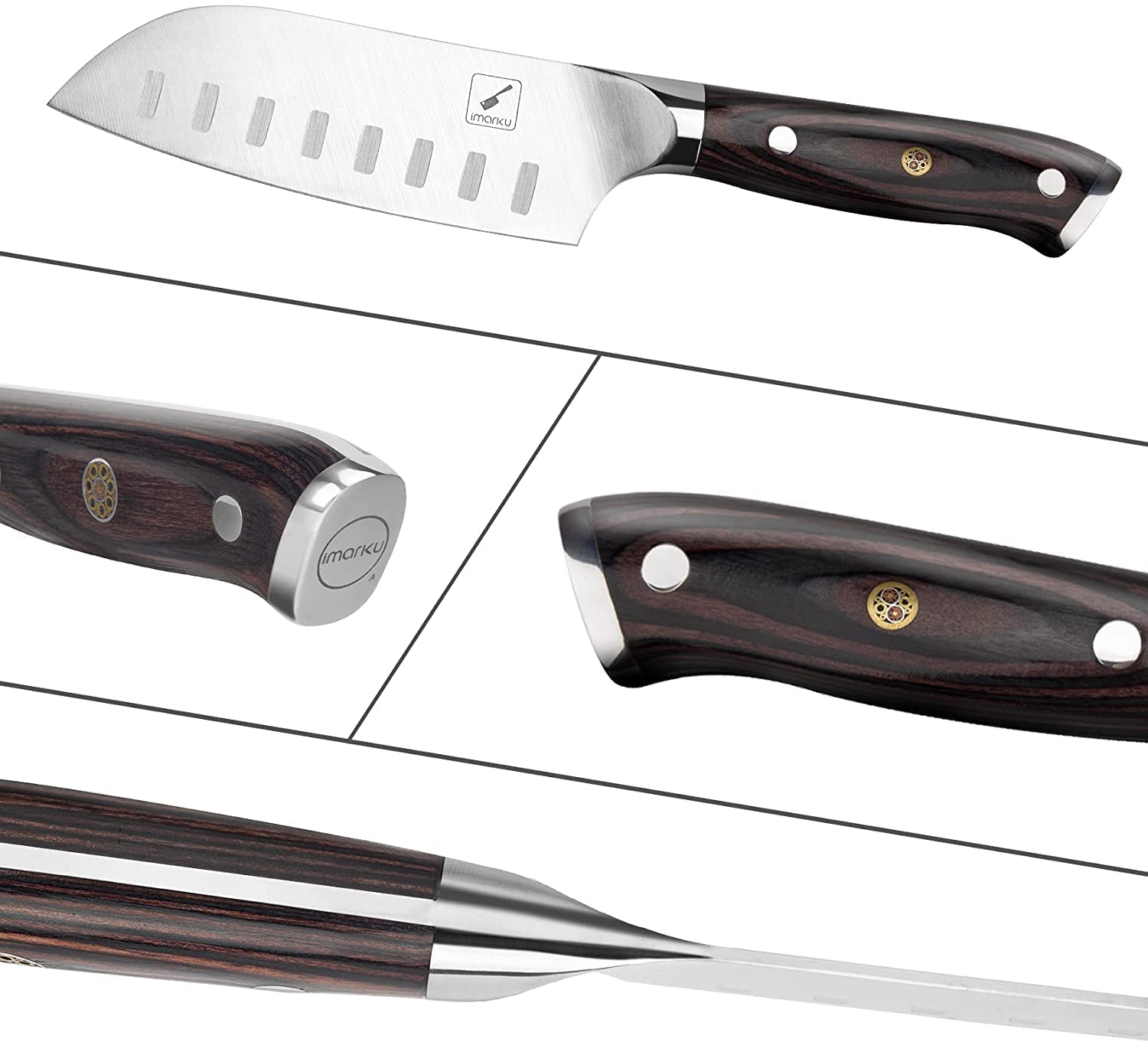 Imarku Santoku, mango Pakkawood ergonómico para agarre cómodo y estable.
