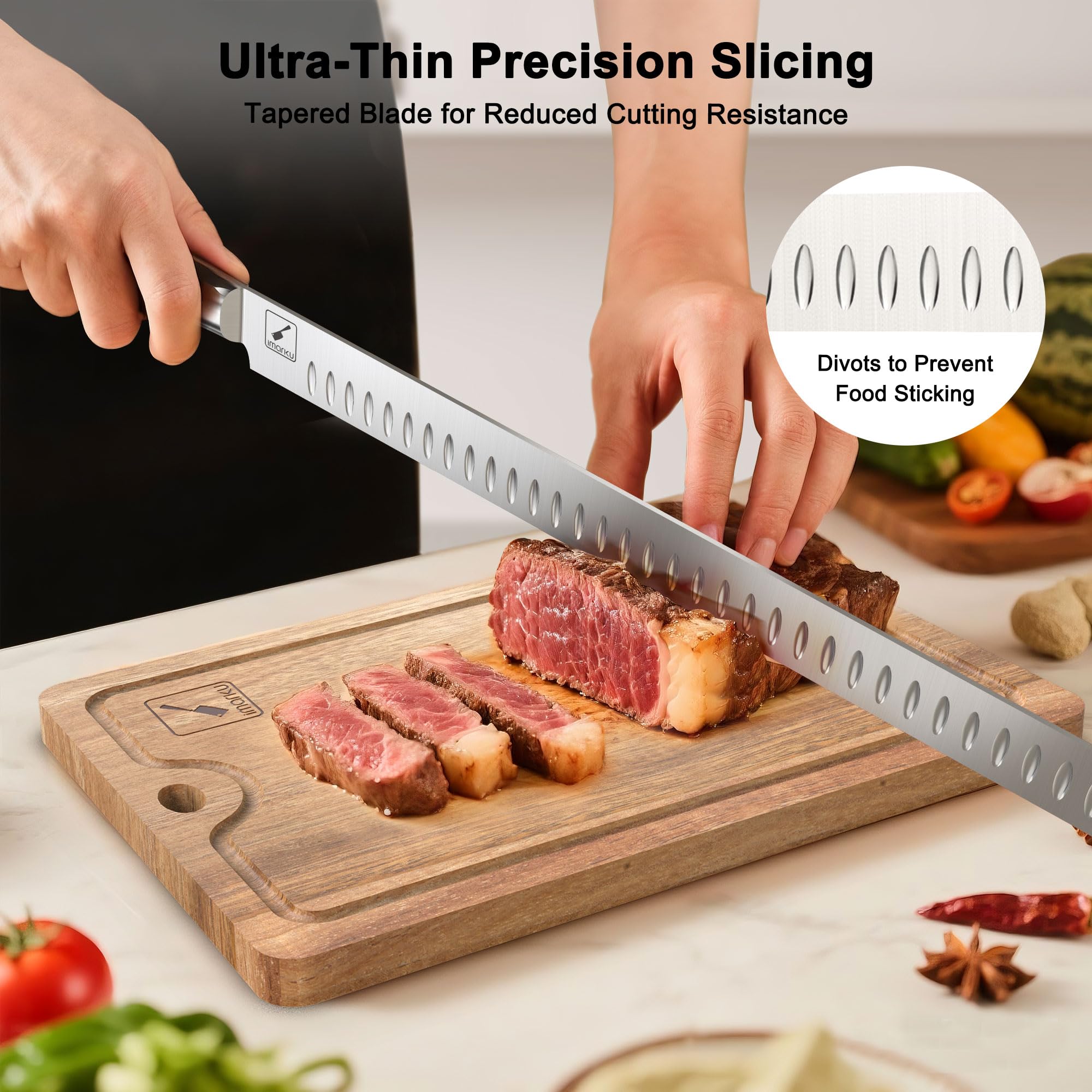 Textura antiadherente imarku facilita deslizamiento al cortar.