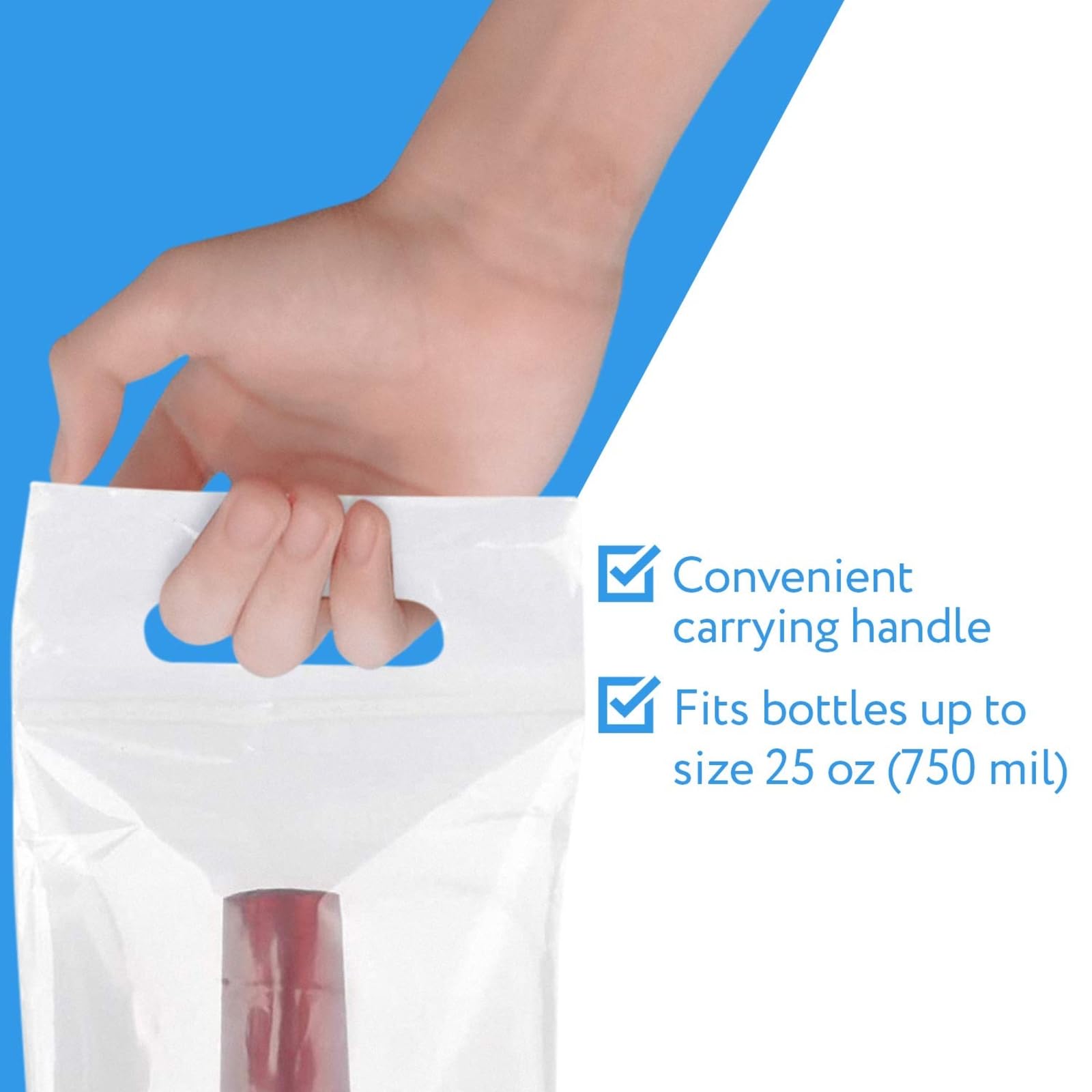 Bolsas IMPRESA transparentes con asa para embalaje y envío de vino.