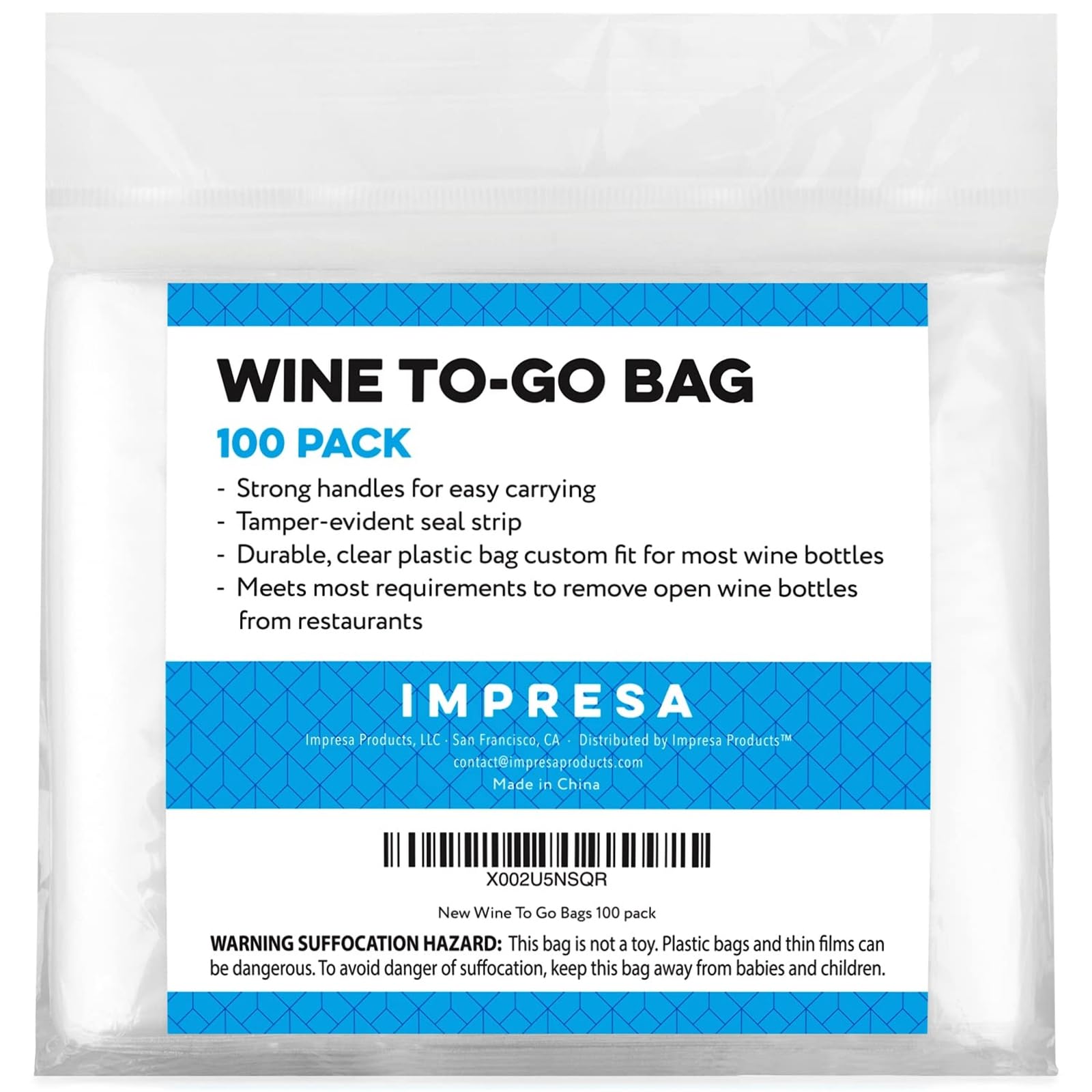 Paquete de 100 bolsas IMPRESA para vinos, ideal para operaciones mayoristas.