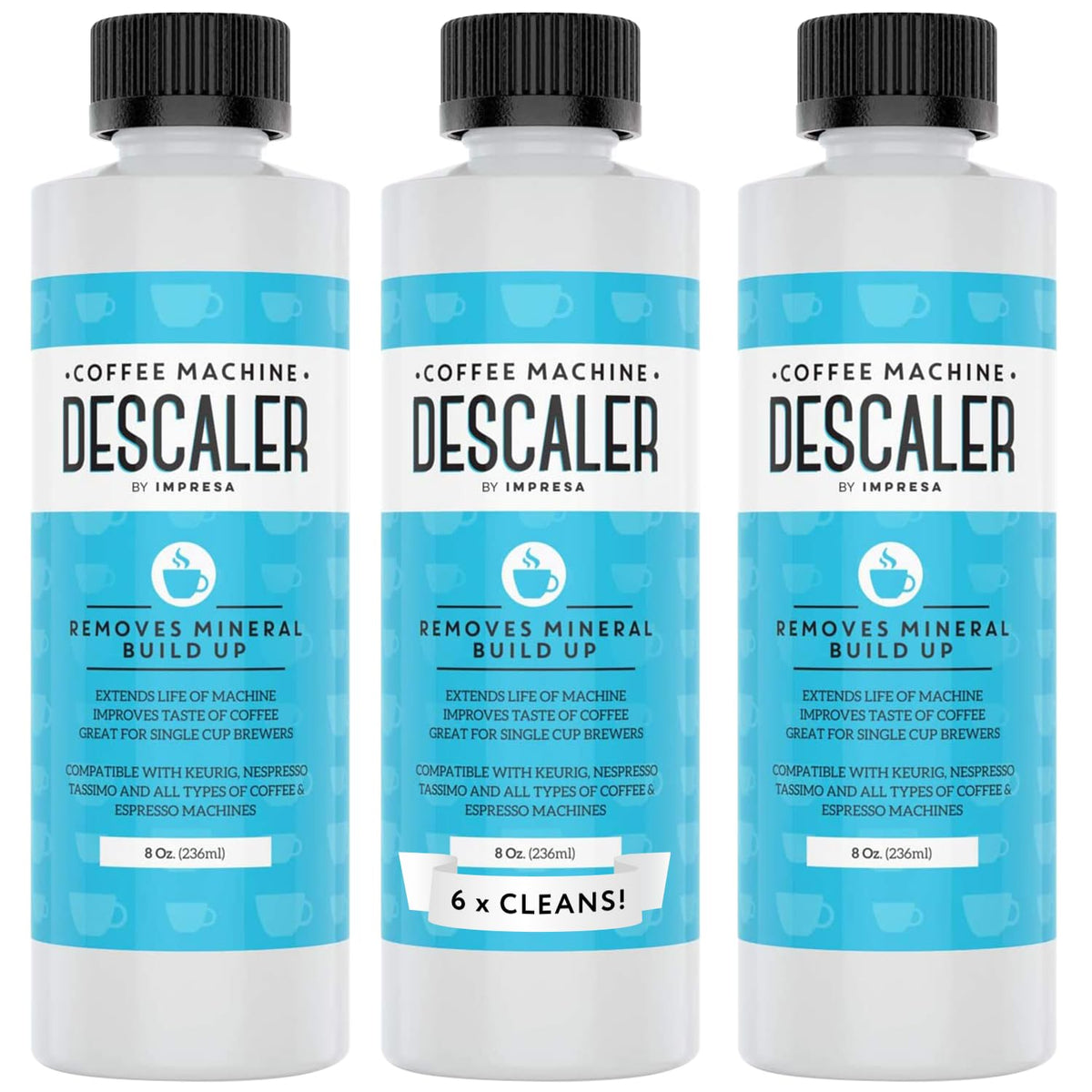 IMPRESA Desincrustante, botella vertiendo, elimina sarro y protege tu cafetera para un mejor sabor.