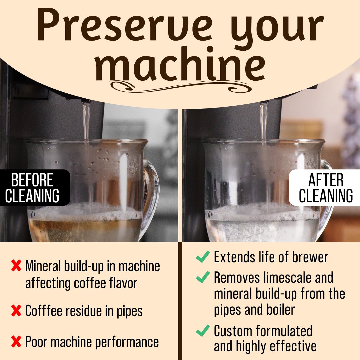 IMPRESA Desincrustante para cafetera, interior de máquina limpio mejora rendimiento y sabor.