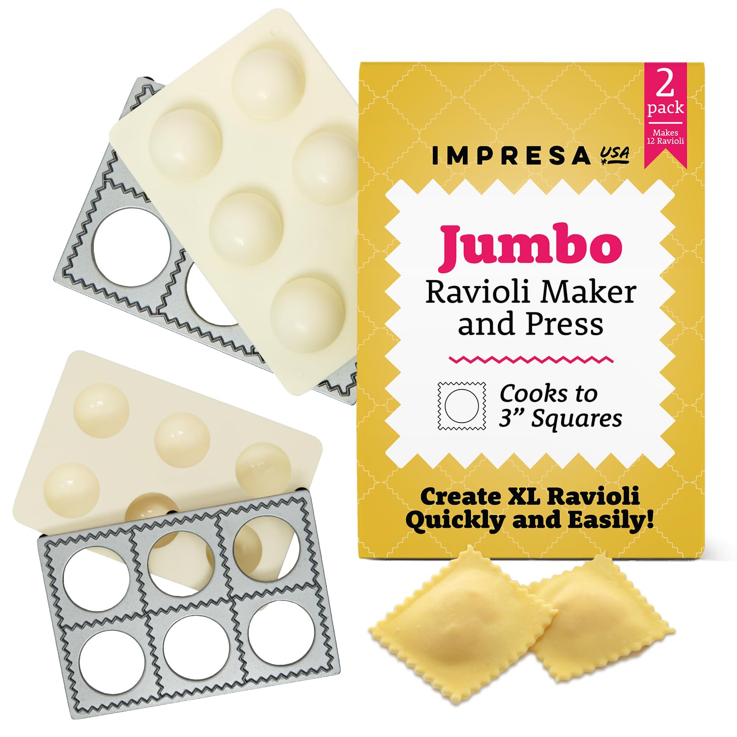 IMPRESA Jumbo Ravioli Maker para 12 raviolis, facilita porciones uniformes de masa
