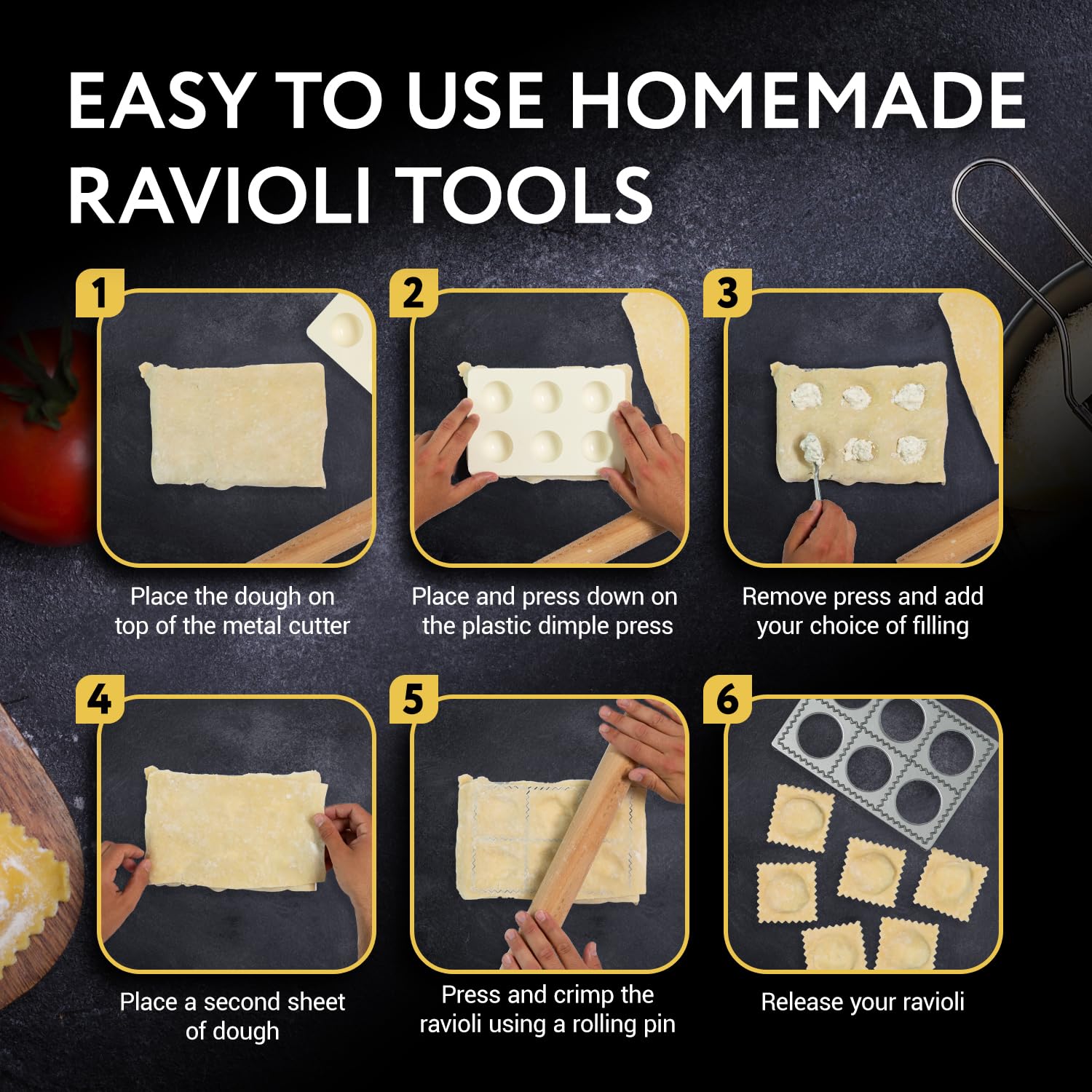 IMPRESA Jumbo Ravioli Maker prensas de bolsillos para hendiduras y rellenos consistentes