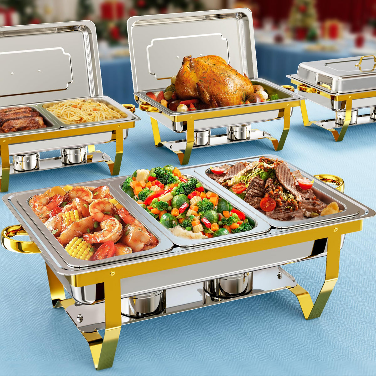 Fuente IMXSUMDA para buffet de 9.5 cuartos en oro, ideal para presentaciones elegantes.