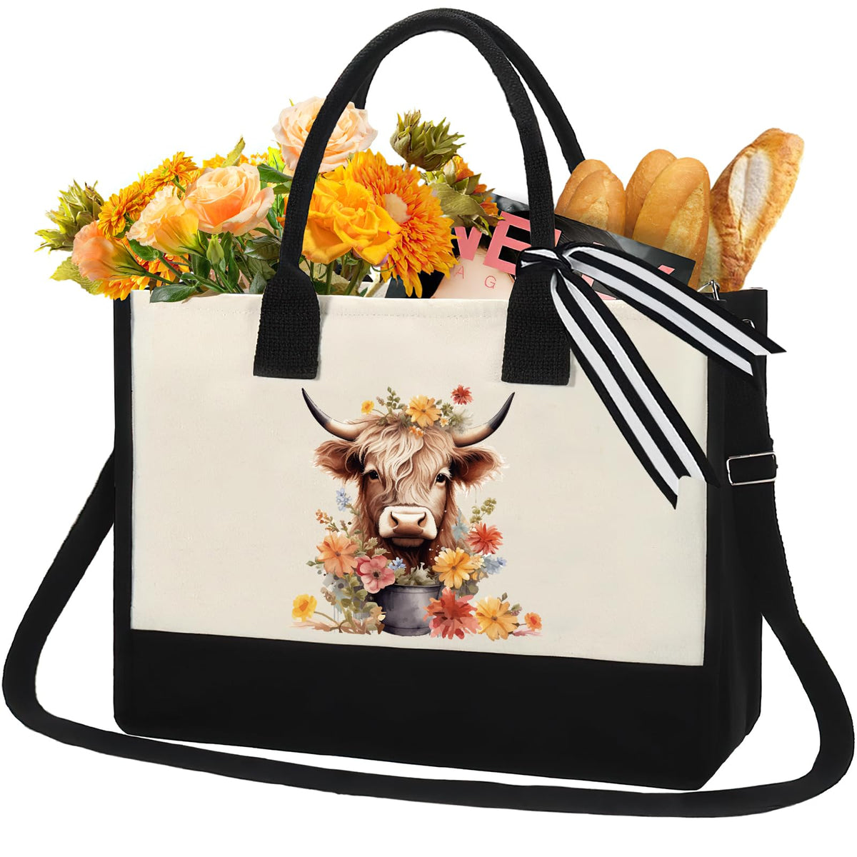 INCOK bolso tote Highland Cow con diseño floral en lona para uso diario